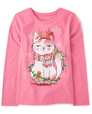 Girls Cat Christmas Lights Graphic Tee