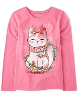 Girls Cat Christmas Lights Graphic Tee