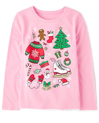 Girls Christmas Doodle Graphic Tee