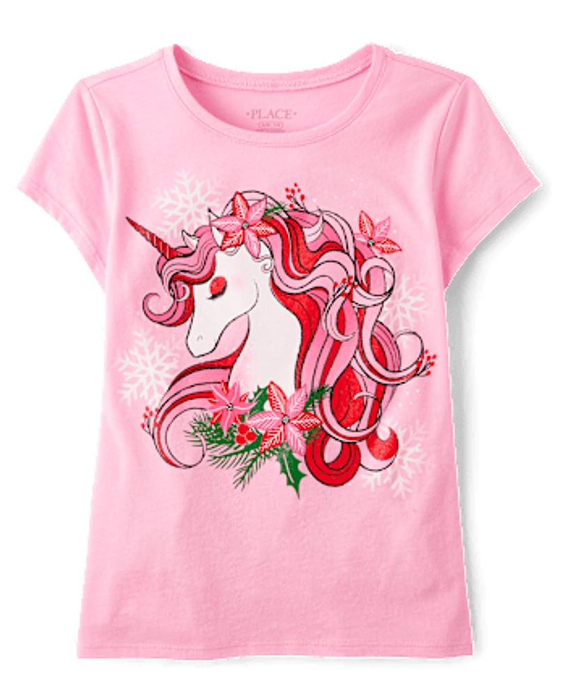 Girls Christmas Unicorn Graphic Tee