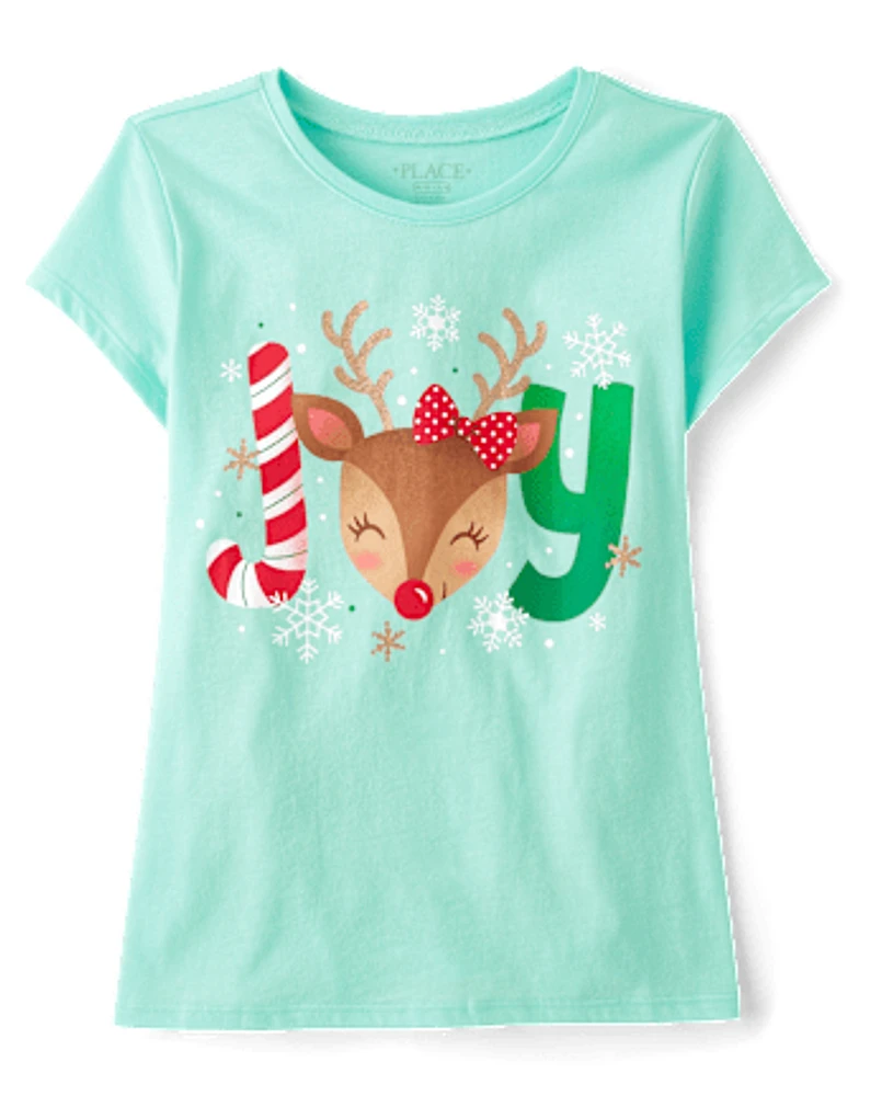 Girls Christmas Joy Reindeer Graphic Tee