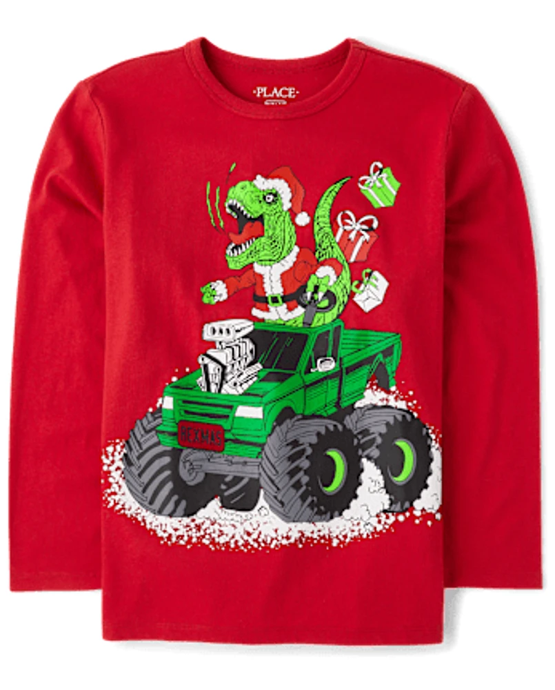 Boys Christmas Dino Truck Graphic Tee