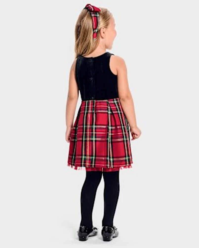 Toddler Girls Matching Family Plaid Velour Fit And Flare Dress