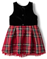 Toddler Girls Matching Family Plaid Velour Fit And Flare Dress