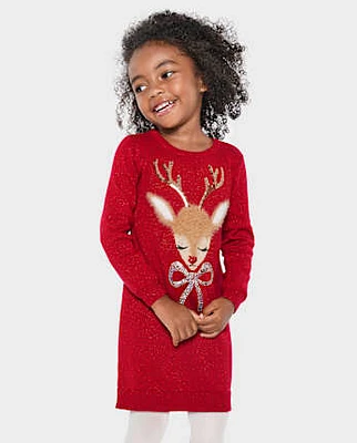 Baby And Toddler Girls Sequin Reindeer Sweater Dress