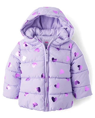 Toddler Girls Foil Heart Quilted Puffer Jacket