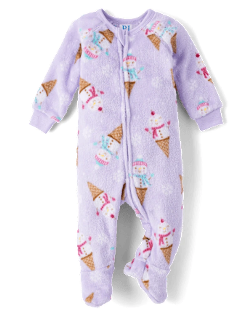 Baby And Toddler Girls Snowman Ice Cream Fleece Footed One Piece Pajamas