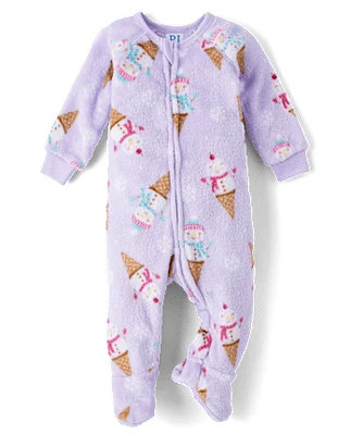 Baby And Toddler Girls Snowman Ice Cream Fleece Footed One Piece Pajamas