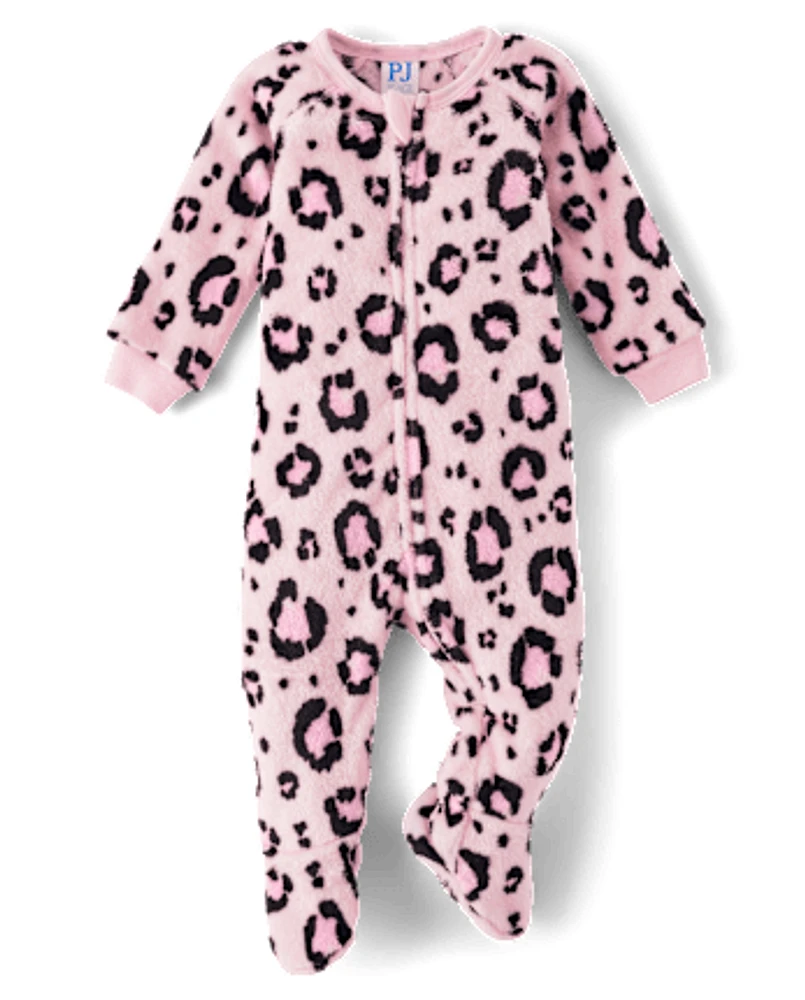 Baby And Toddler Girls Leopard Fleece Footed One Piece Pajamas