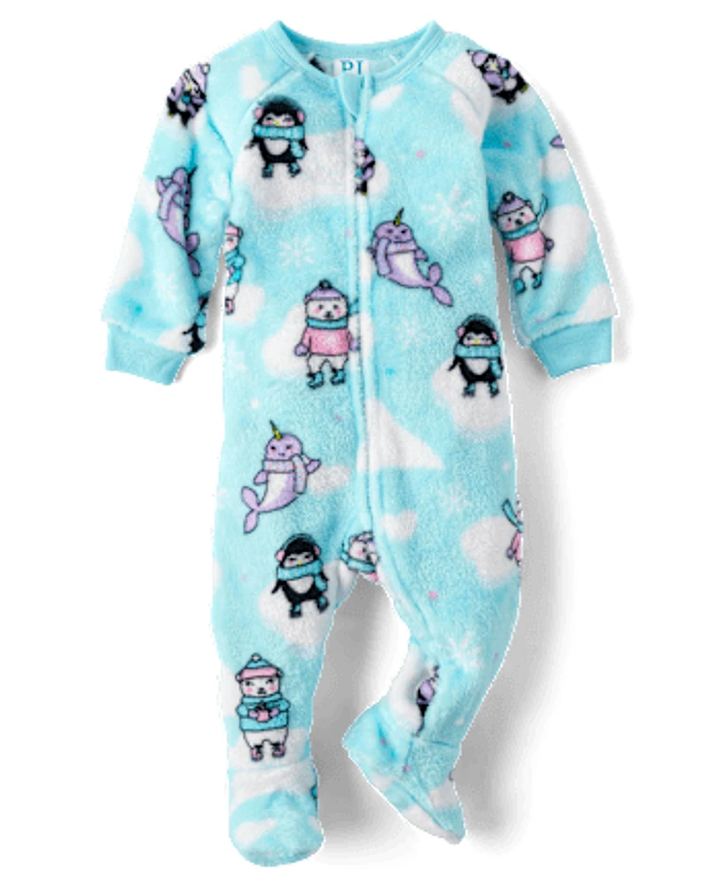 Baby And Toddler Girls Winter Animals Fleece Footed One Piece Pajamas