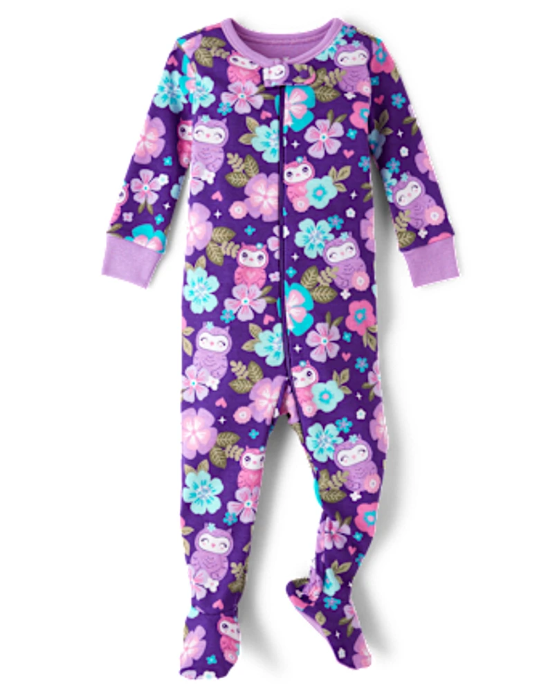 Baby And Toddler Girls Owl Floral Snug Fit Cotton Footed One Piece Pajamas