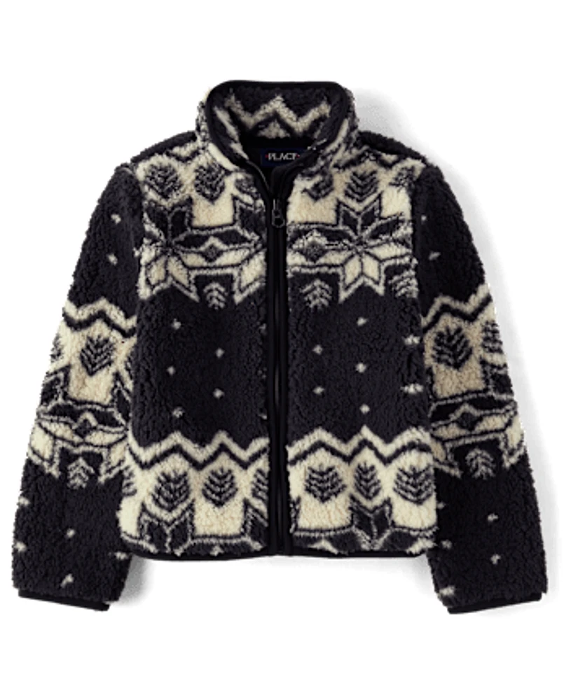 Girls Print Sherpa Zip Up Jacket