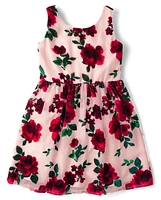 Girls Floral Velvet Fit And Flare Dress