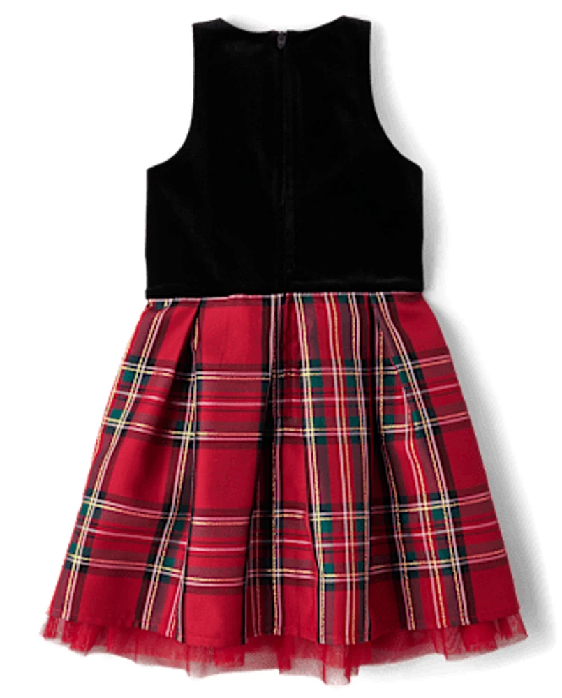 Girls Matching Family Plaid Velour Fit And Flare Dress