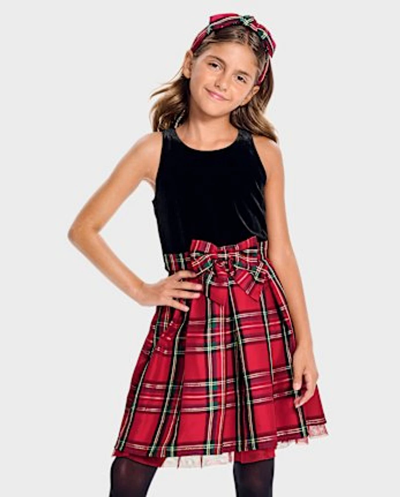 Girls Matching Family Plaid Velour Fit And Flare Dress