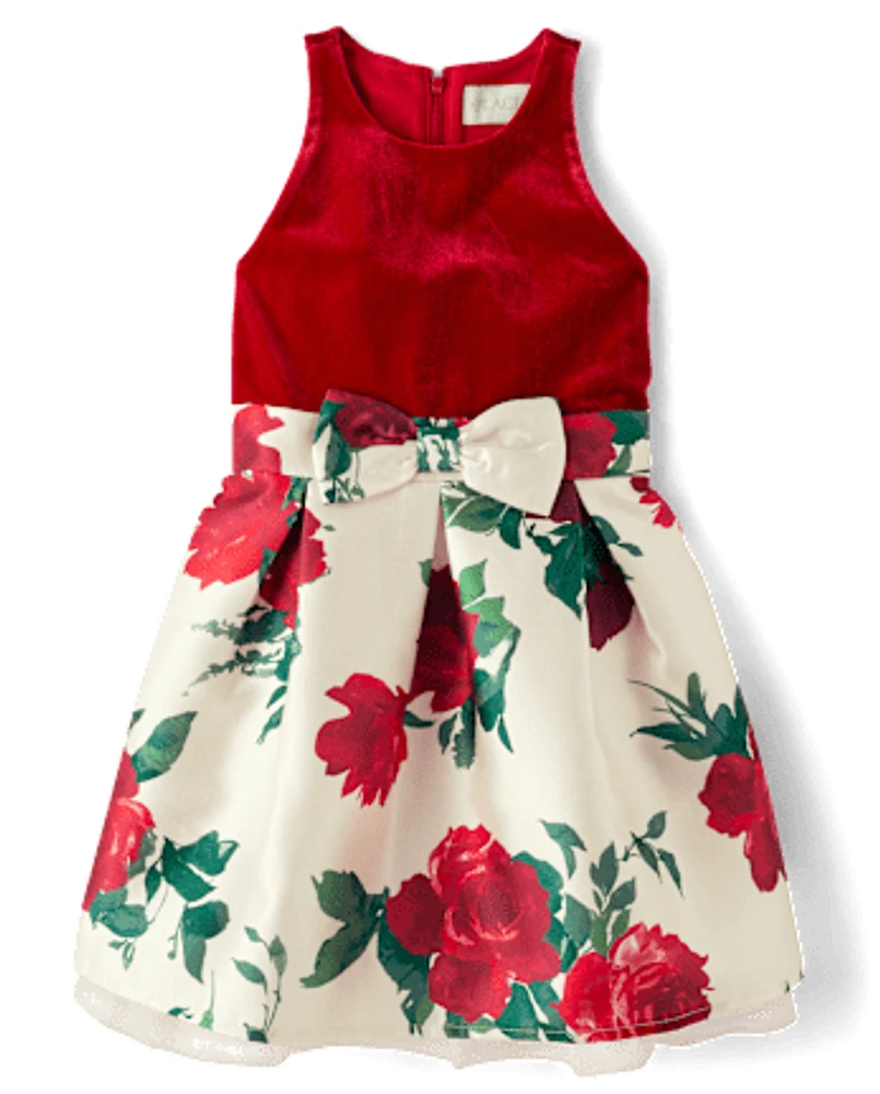 Girls Floral Velour Fit And Flare Dress