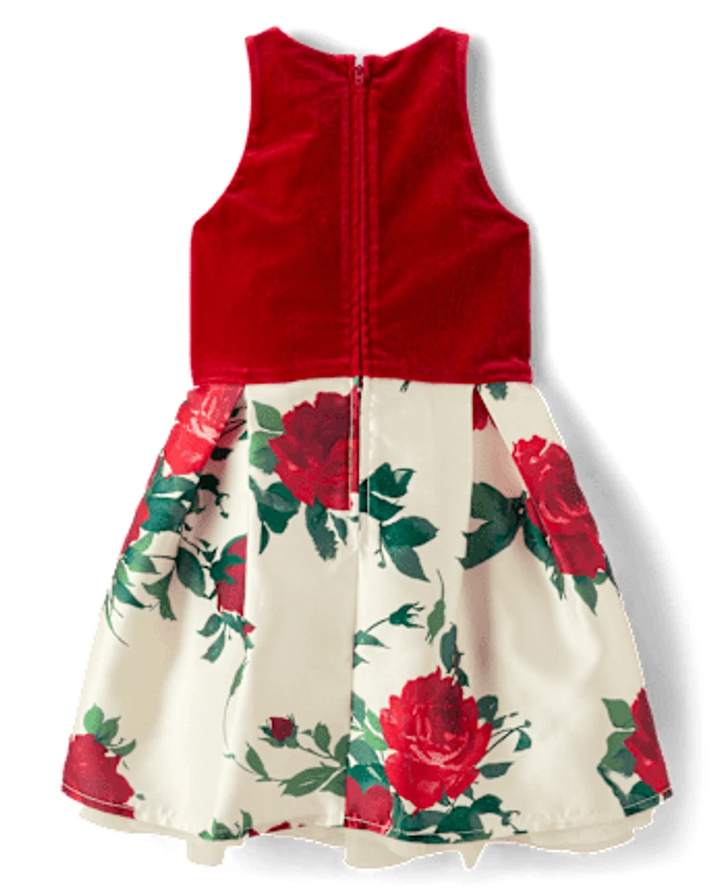 Girls Floral Velour Fit And Flare Dress