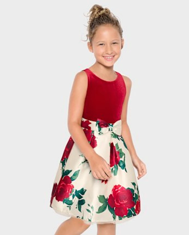 Girls Floral Velour Fit And Flare Dress