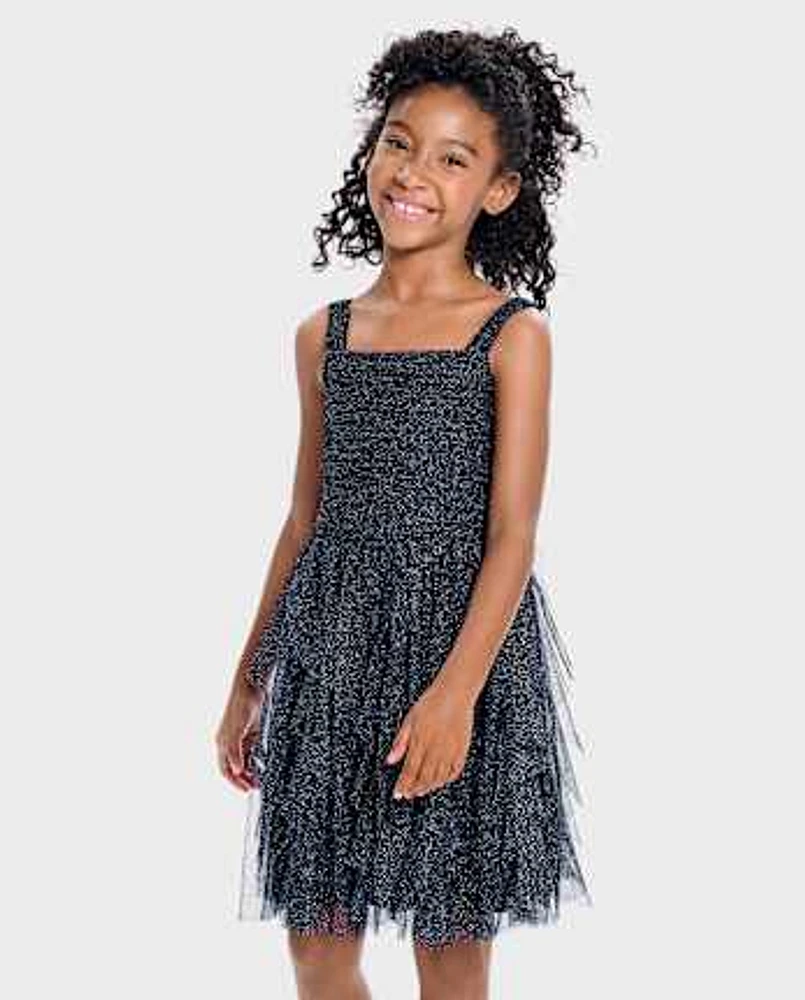 Girls Glitter Mesh Ruffle Dress