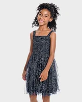 Girls Glitter Mesh Ruffle Dress