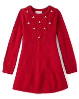 Girls Rhinestone Cable Knit Sweater Dress