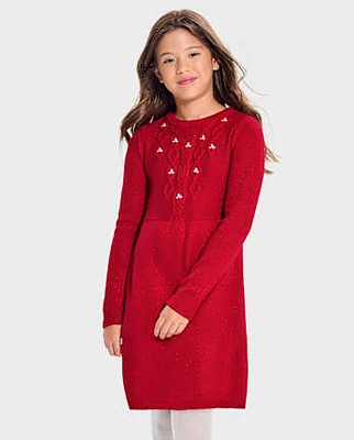 Girls Cable Knit Rhinestone Sweater Dress