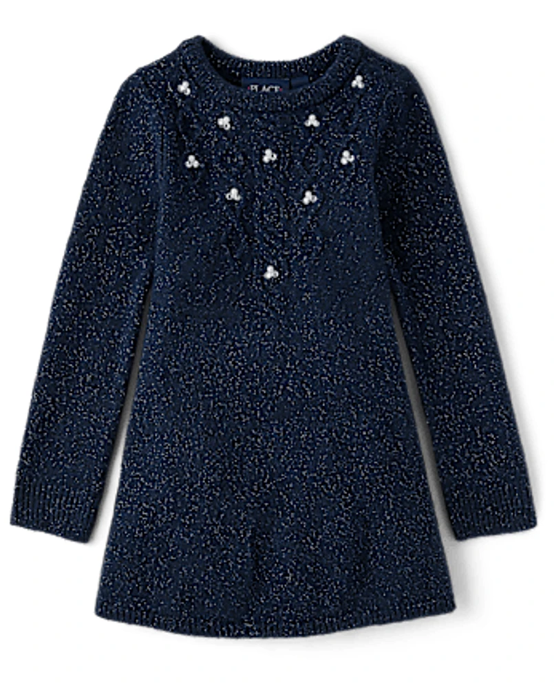 Girls Cable Knit Rhinestone Sweater Dress