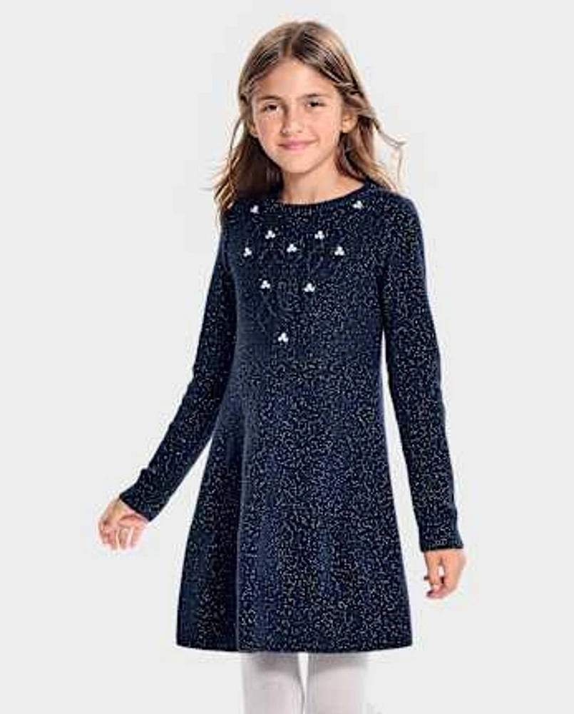 Girls Cable Knit Rhinestone Sweater Dress