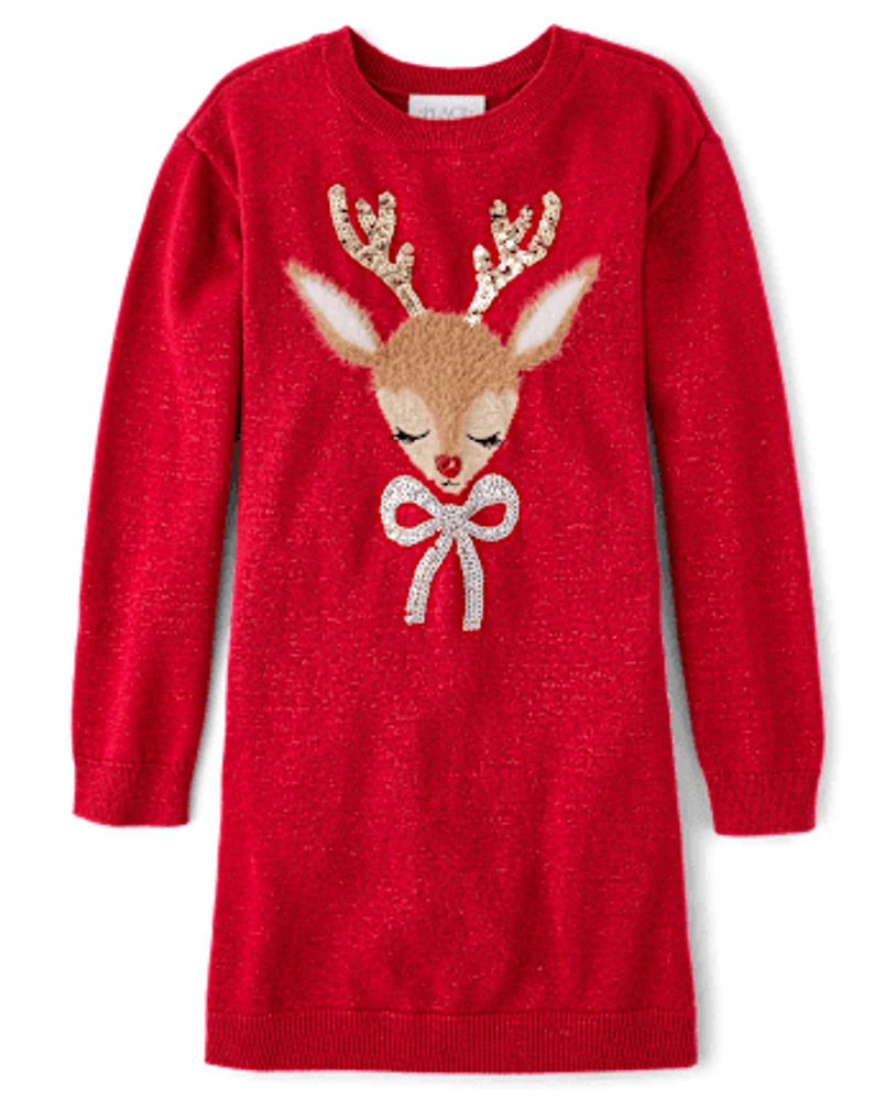 Girls Sequin Reindeer Sweater Dress