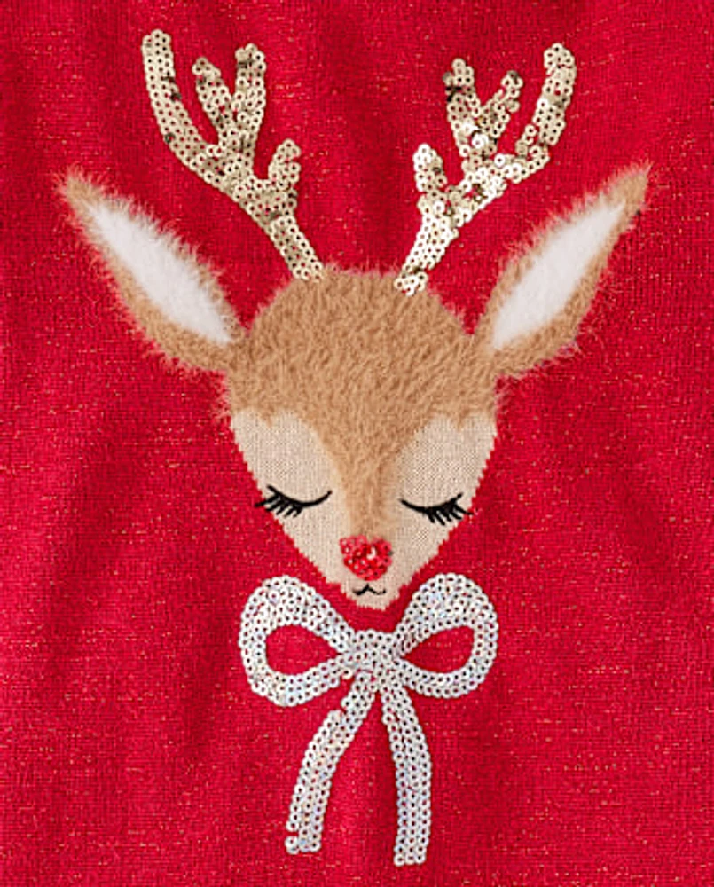 Girls Sequin Reindeer Sweater Dress