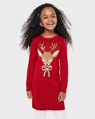 Girls Sequin Reindeer Sweater Dress