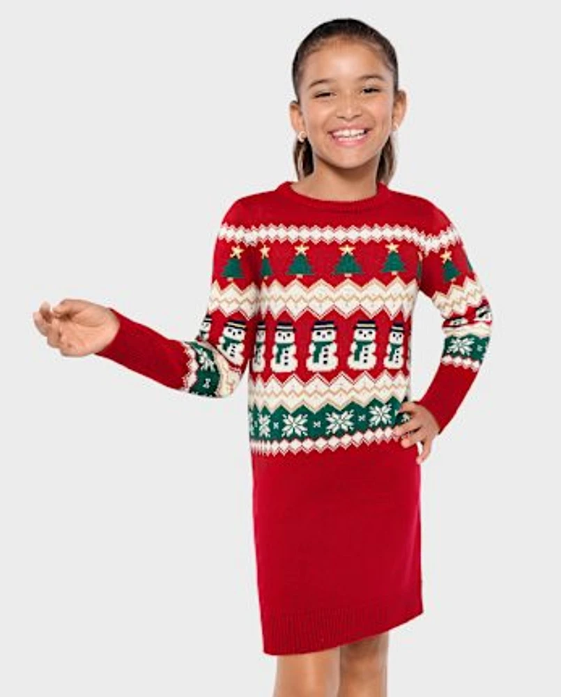 Girls Matching Family Christmas Fairisle Sweater Dress