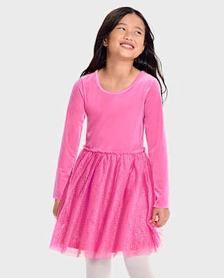 Girls Cross Back Glitter Velour Tutu Dress