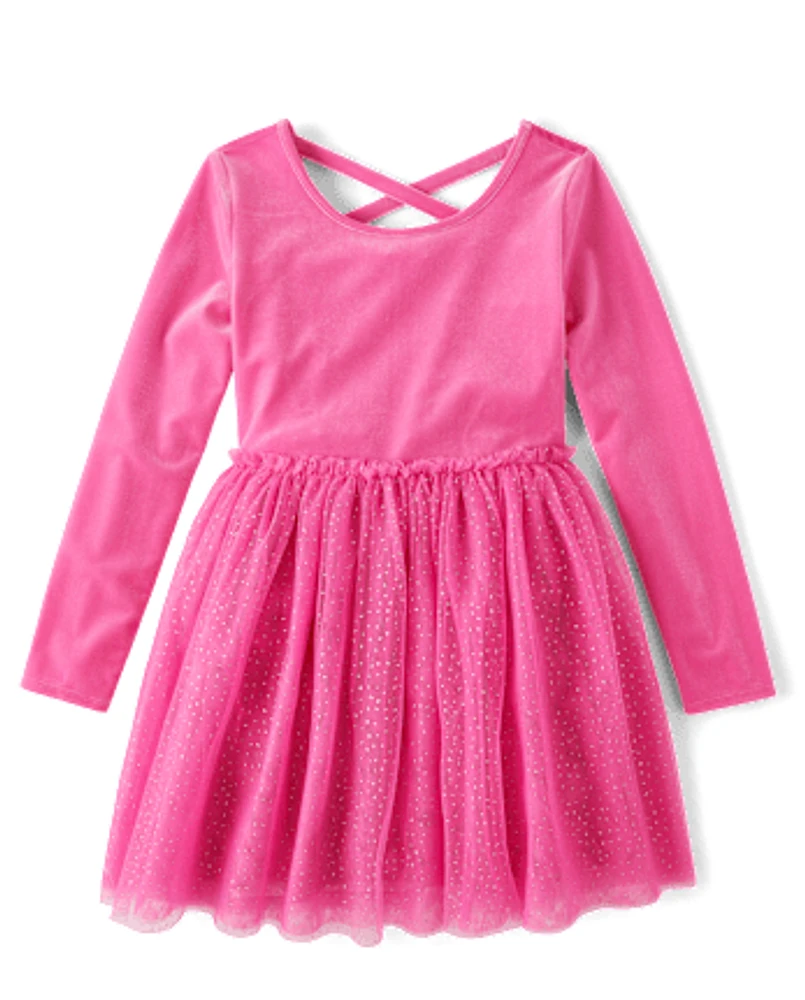 Girls Cross Back Glitter Velour Tutu Dress