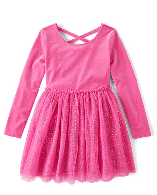 Girls Cross Back Glitter Velour Tutu Dress