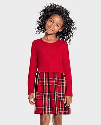 Girls Plaid Ribbed Fit And Flare Dress