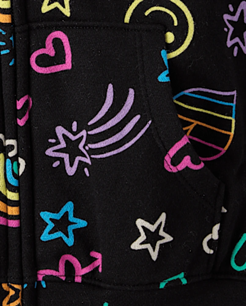 Girls Rainbow Doodle Zip Up Hoodie