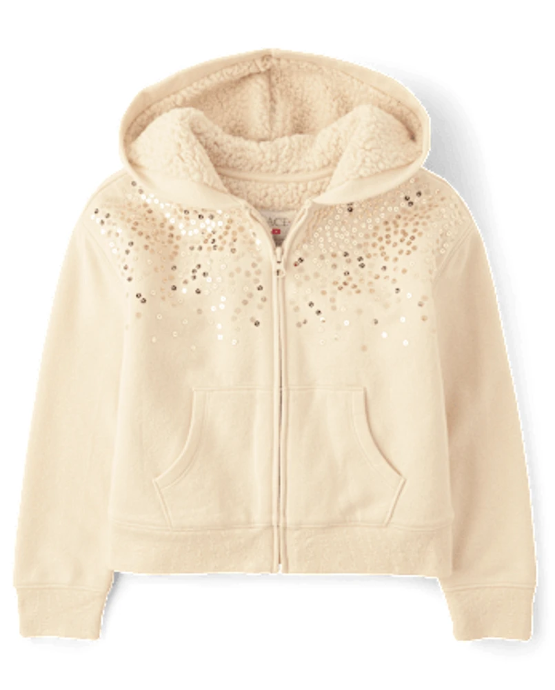 Girls Sequin Fleece Sherpa Lined Zip Up Hoodie