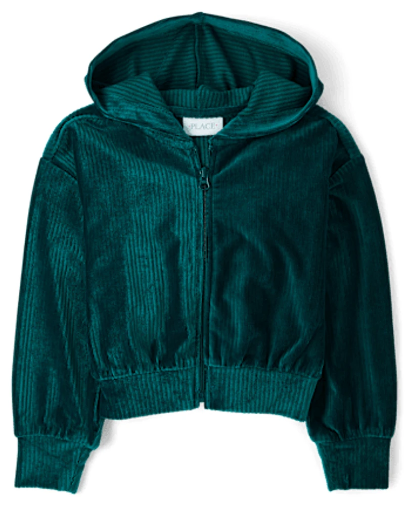 Girls Ribbed Velour Cropped Zip Up Hoodie