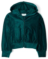 Girls Ribbed Velour Cropped Zip Up Hoodie