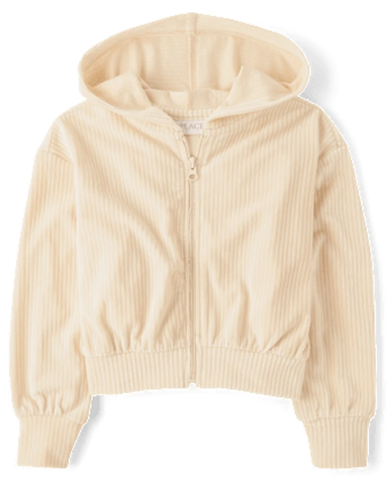 Girls Ribbed Velour Cropped Zip Up Hoodie