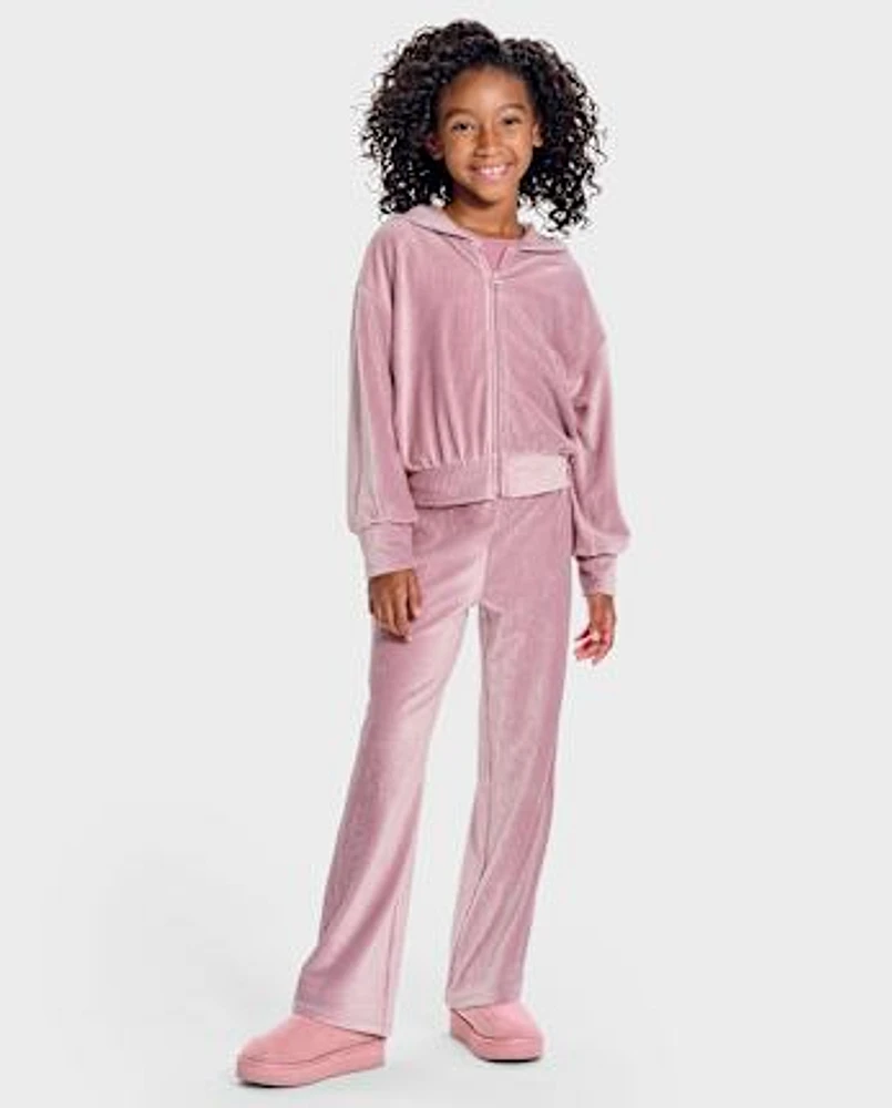 Girls Ribbed Velour Cropped Zip Up Hoodie