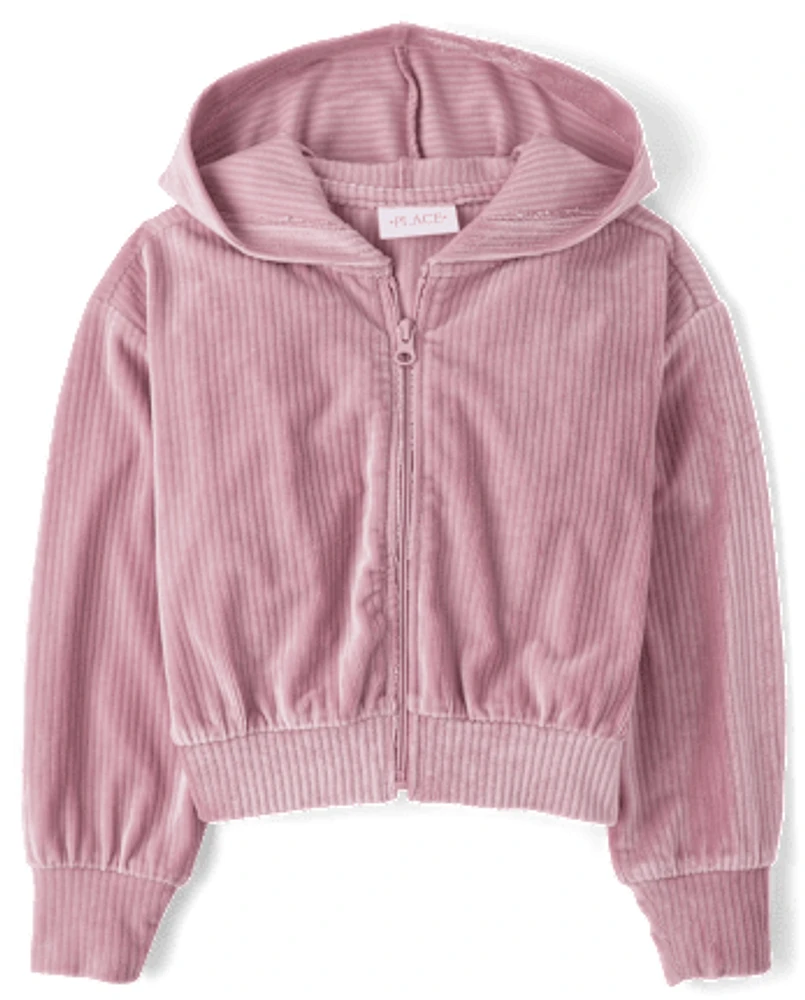 Girls Ribbed Velour Cropped Zip Up Hoodie