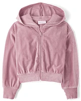 Girls Ribbed Velour Cropped Zip Up Hoodie