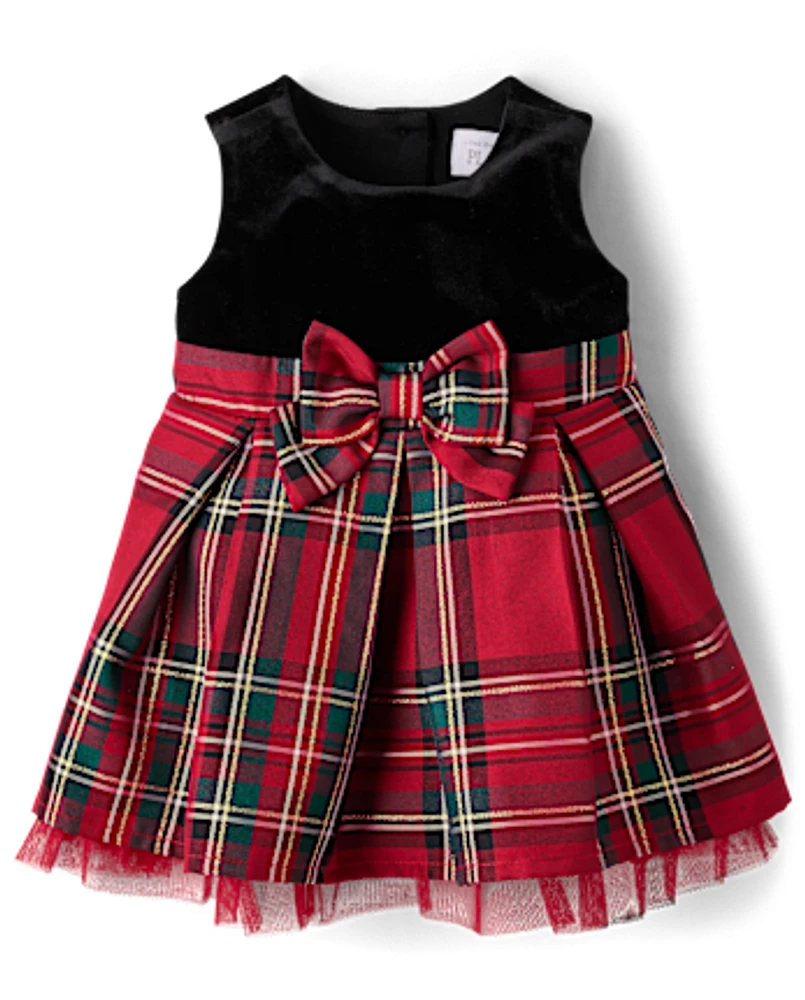 Baby Girls Matching Family Plaid Velour Fit And Flare Dress