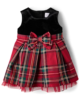 Baby Girls Matching Family Plaid Velour Fit And Flare Dress