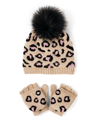 Girls Intarsia Leopard 2-Piece Cold Weather Set