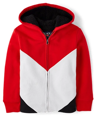 Boys Colorblock Fleece Sherpa Lined Zip Up Hoodie