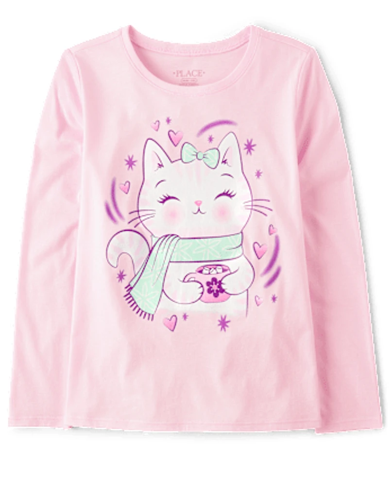 Girls Cat Hot Cocoa Graphic Tee