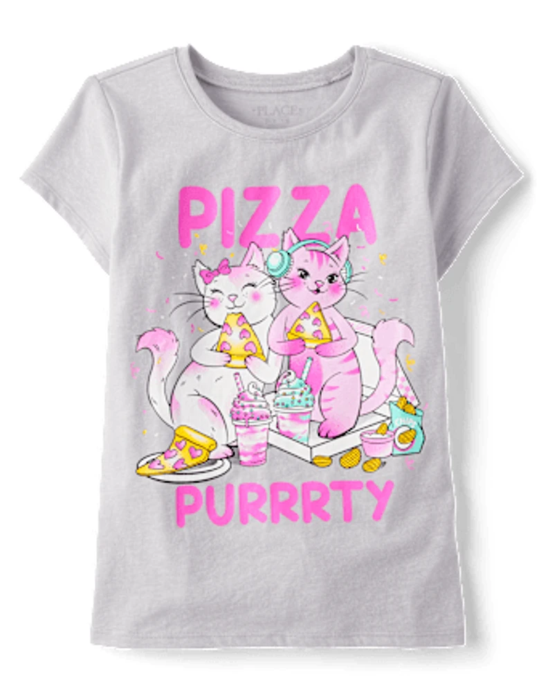 Girls Cat Pizza Graphic Tee